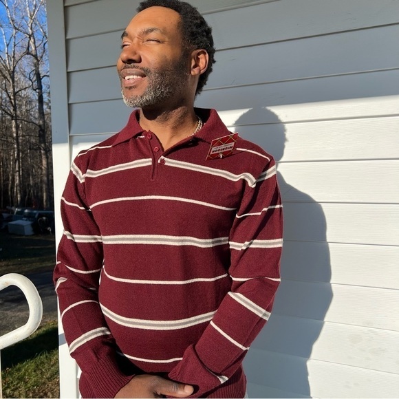 NWT Vintage deadstock burgundy striped collared acrylic sweater retro throwback - Picture 8 of 15